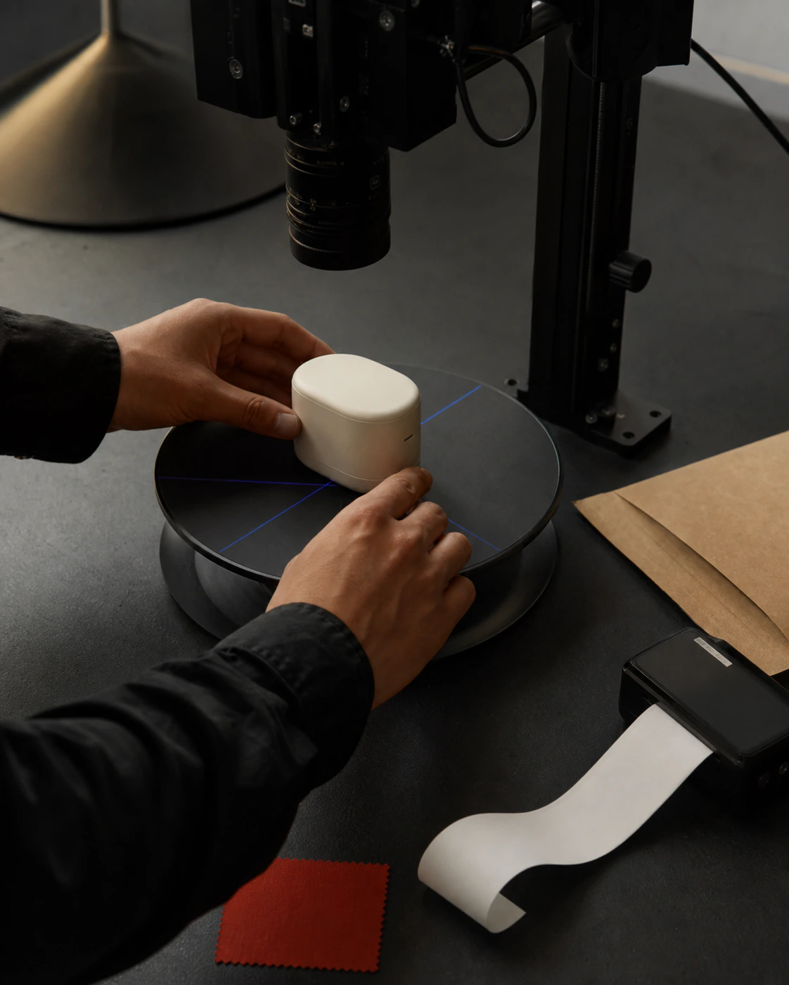 Hands placing an unbranded prototype on a small imaging turntable